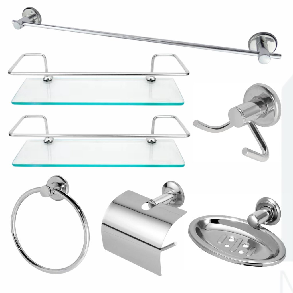 Kit Acessórios Para Banheiro Aço Inox 5 Peças + 2 Porta Shampoo Vidro Reto
