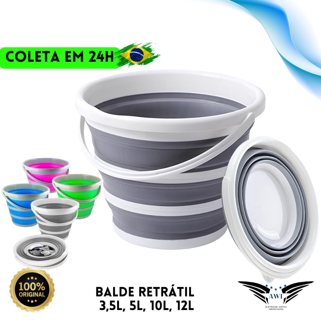 Balde Dobrável Retrátil 10 Litros ou 2 a 16L Flexível Multiuso Casa Lavanderia Apartamento Motorhome