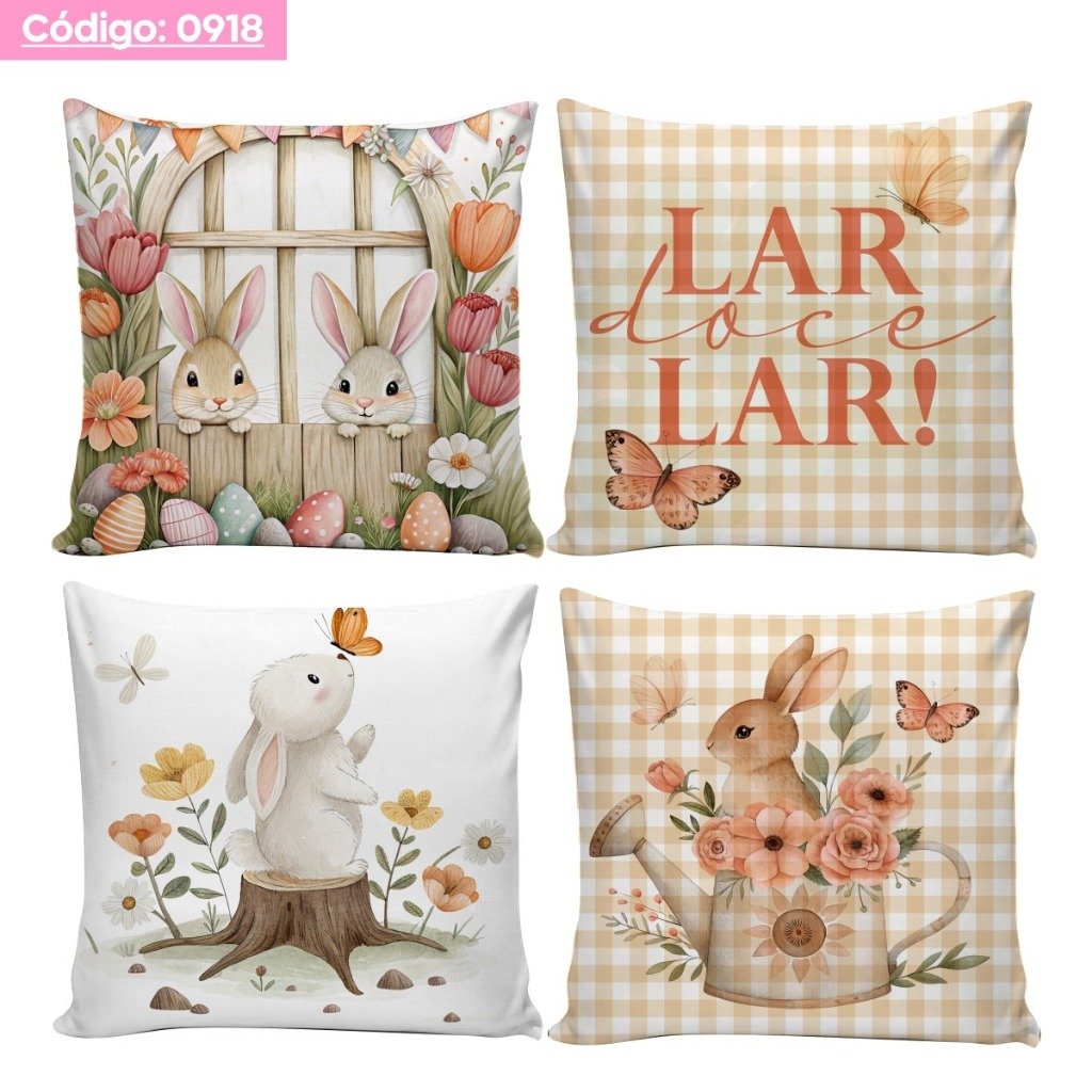 Kit  4 Capas de Almofadas Decorativas 45x45cm de Páscoa para Sala Quarto e Decoração Ovo de Páscoa