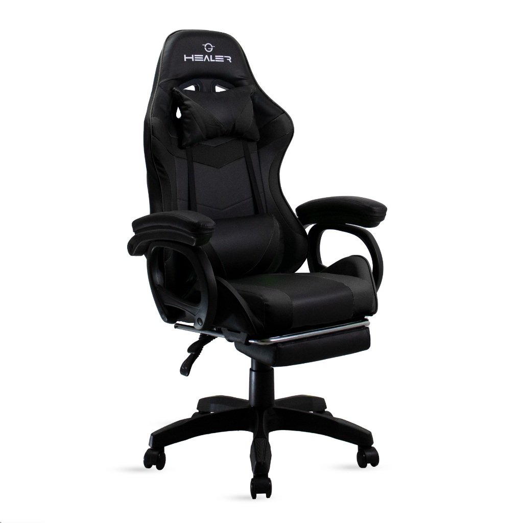 Cadeira Gamer Preto Healer Level Reclinável Giratória com apoio de pés