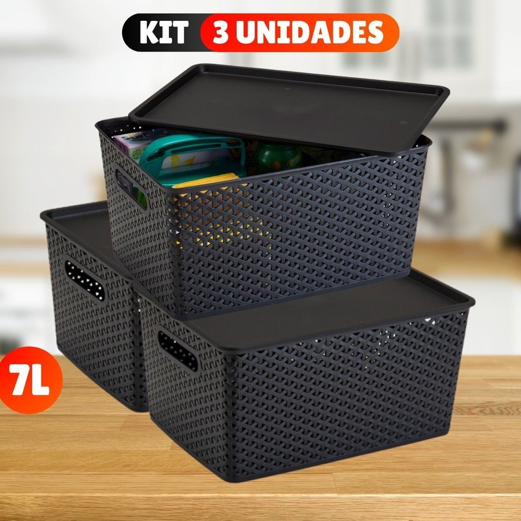 Kit Com 3 Cesto Caixa Organizadora Rattan Com Tampa 7 Litros Preto
