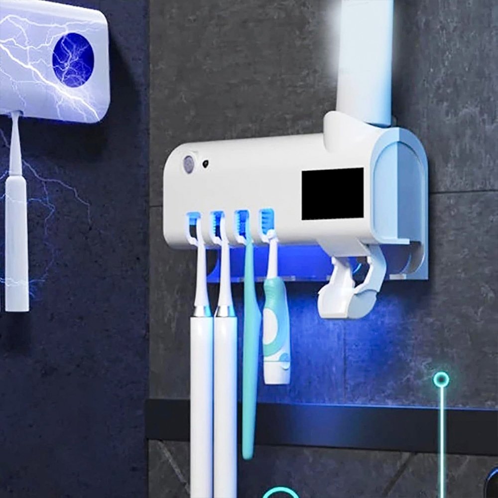 Dispenser Automático de Pasta de Dente com Esterilizador UV e Porta Escovas